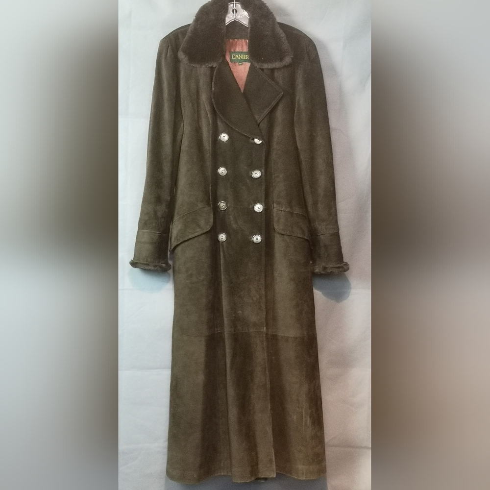 90s Vintage Danier Dark Brown Suede Opp Coat with Fur Trim